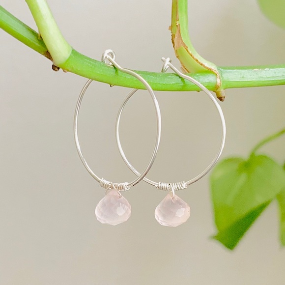 By Love_K Design Jewelry - Rose Quartz Briolette 925 Silver Hoop Earrings